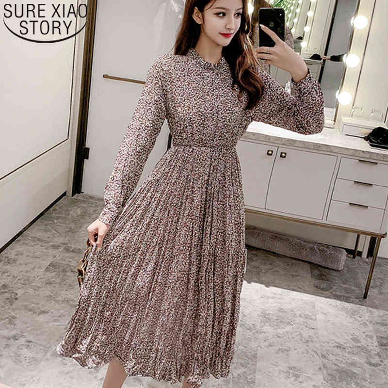 Floral Print Chiffon Dress Autumn Women Vintage Midi Long Sleeve Stand Collar High Elastic Waist Vestidos 10530 210506