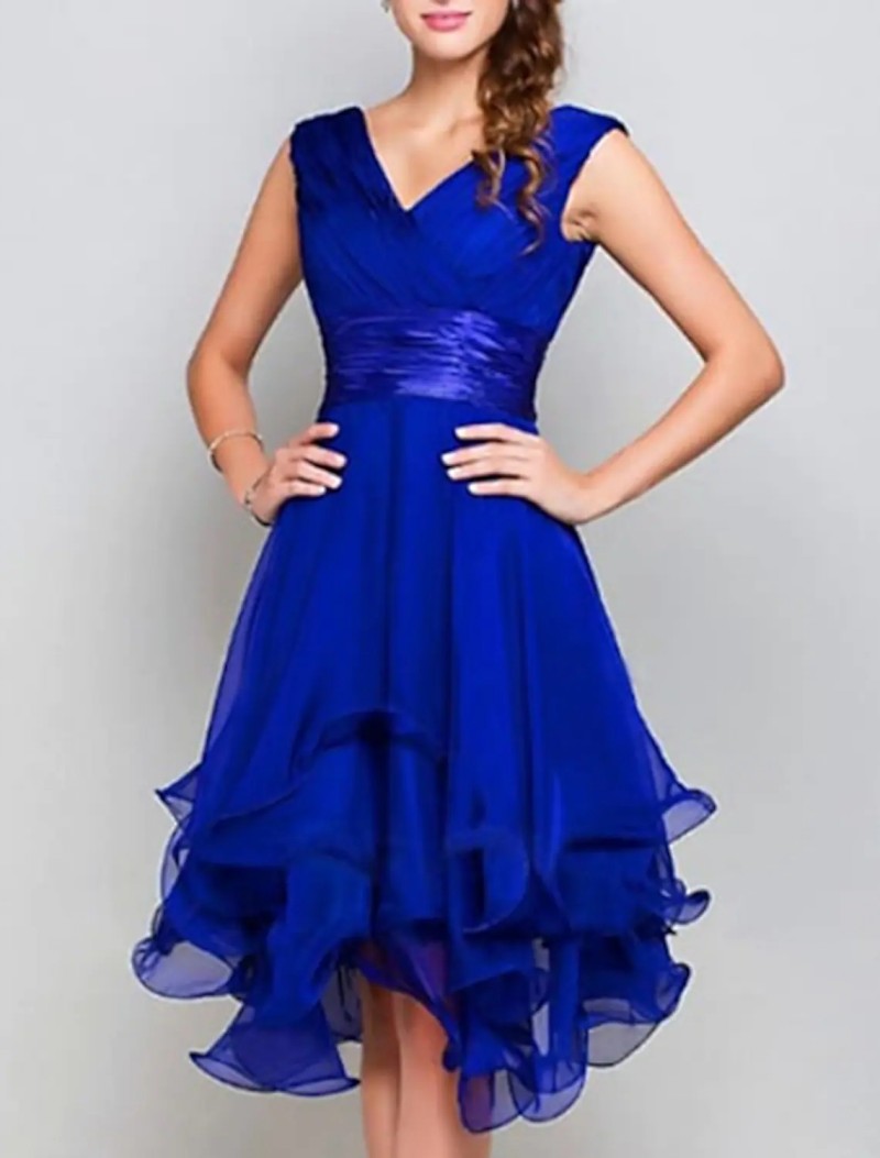 Royal Blue A-line Short Cocktail Party Dress 2022 V Neck Sleeveless Asymmetrical Chiffon with Tier Ruffles Homecoming Prom Gown robe de soiree
