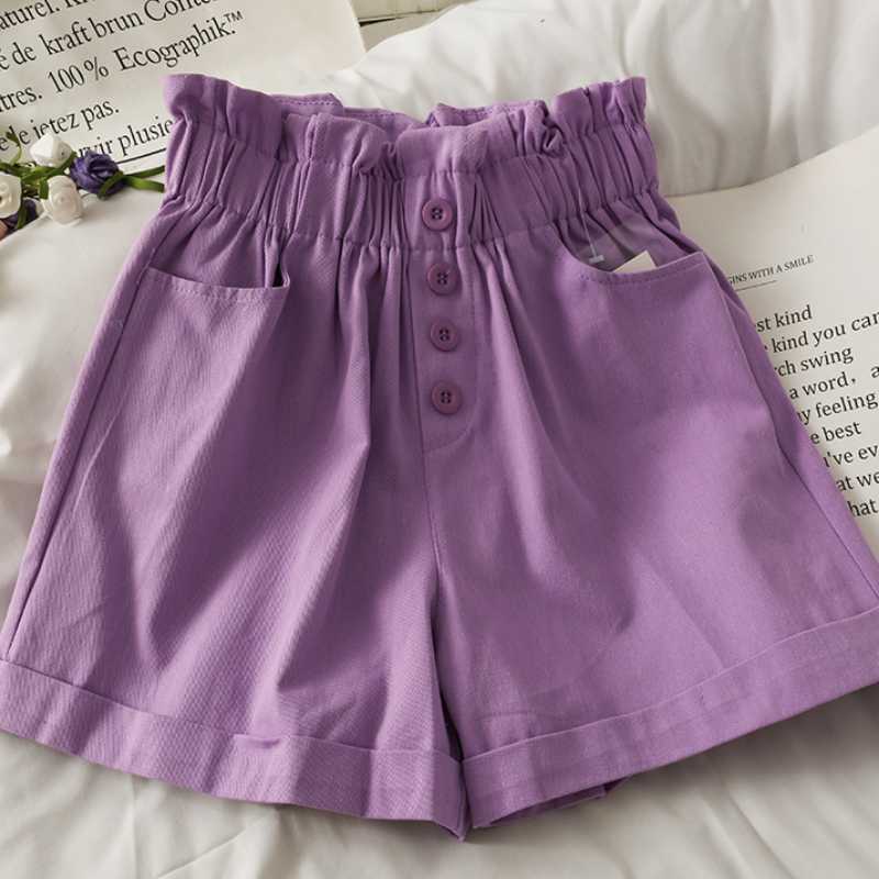 Korean Buttons Stretch High Waist Woman Shorts Causal Summer Wide Leg Short Pantalones Cortos De Mujer 6J260 210603