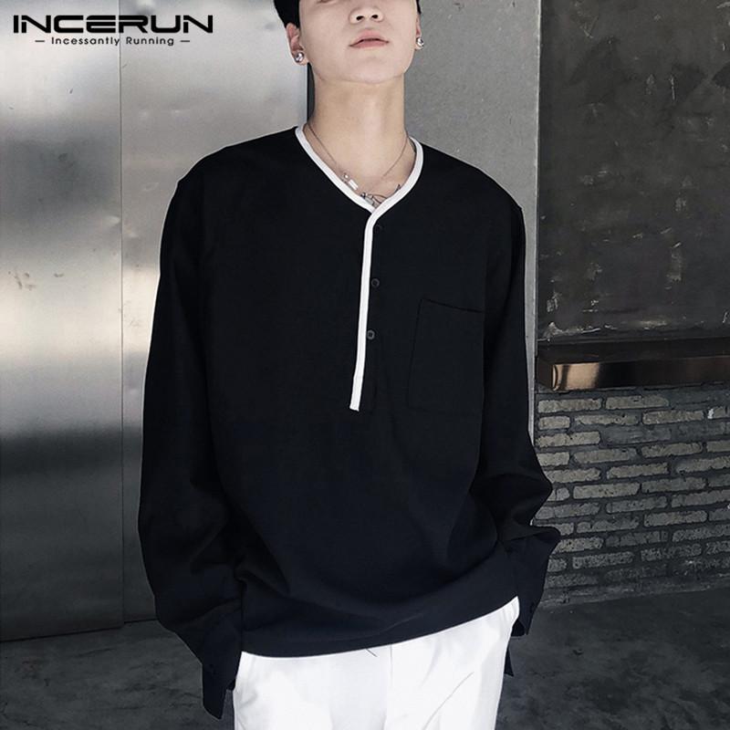 Male Buttons Chemise Mens Leisure Patchwork Shirts Korean Style Long Sleeve V Neck Camisa Hombre Pockets Blusas S-5XL 7 Men's Casual