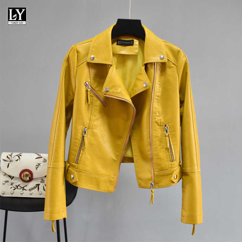 LY VAREY LIN Spring Autumn Women Biker Jacket Pu Faux Soft Leather Motorcycle Zipper Streetwear Multicolor Female Coats 210526