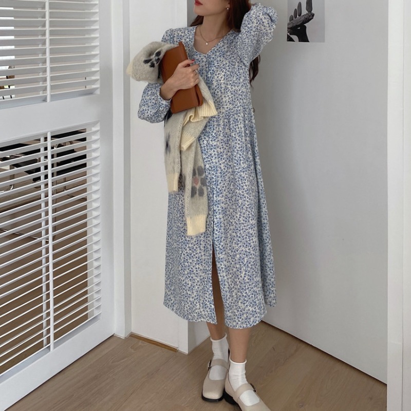 Spring Vintage Floral Pleated Chiffon Casual Slit Dress Women Sleeve Elegant V Neck Loose Long Dresses D12701X 210416