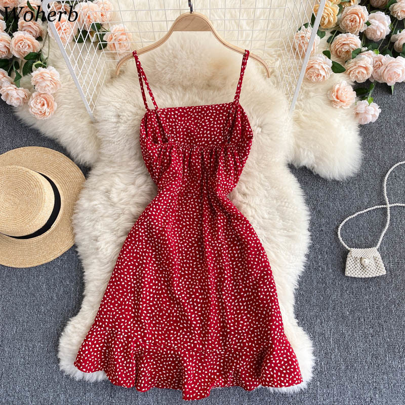 Seaside Holiday Dress Women's Summer Robe Temperament Slim Ruffles Mini Dresses Sleeveless Chiffon Sling Vestidos 210519