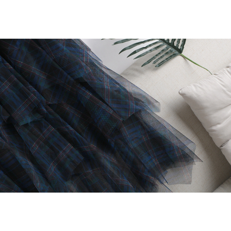 Spring Summer Long Tulle Skirt Women Korean Patchwork Plaid Mesh Sun School High Waist Maxi Plested Female 210421