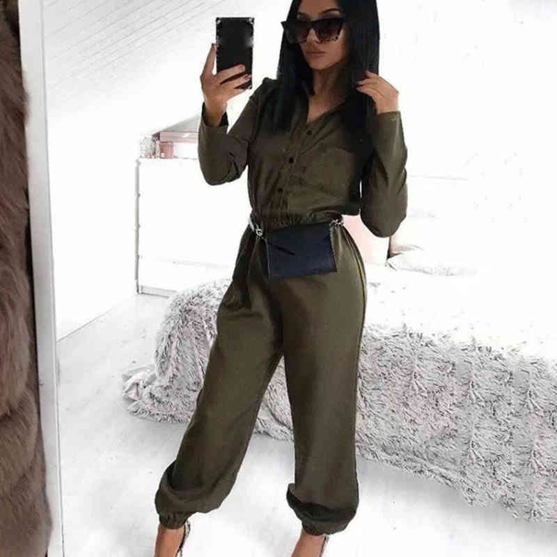 Foridol button up casual long pants jumpsuits women long sleeve autumn winter overalls casual streetstyle yellow jumpsuits 210415