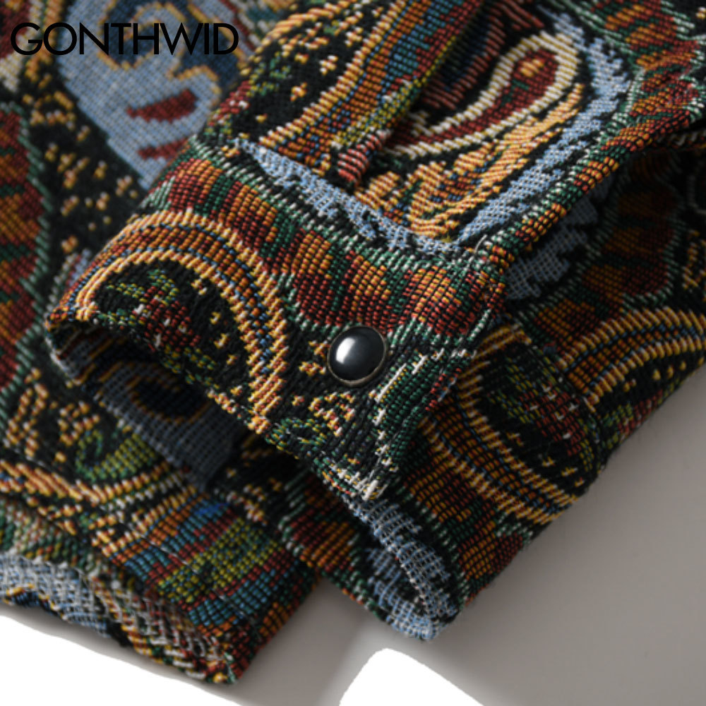 GONTHWID Knitted Shirts Harajuku Bandana Paisley Pattern Flowers Button Shirt Hip Hop Casual Long Sleeve Streetwear Tops Coats 210410