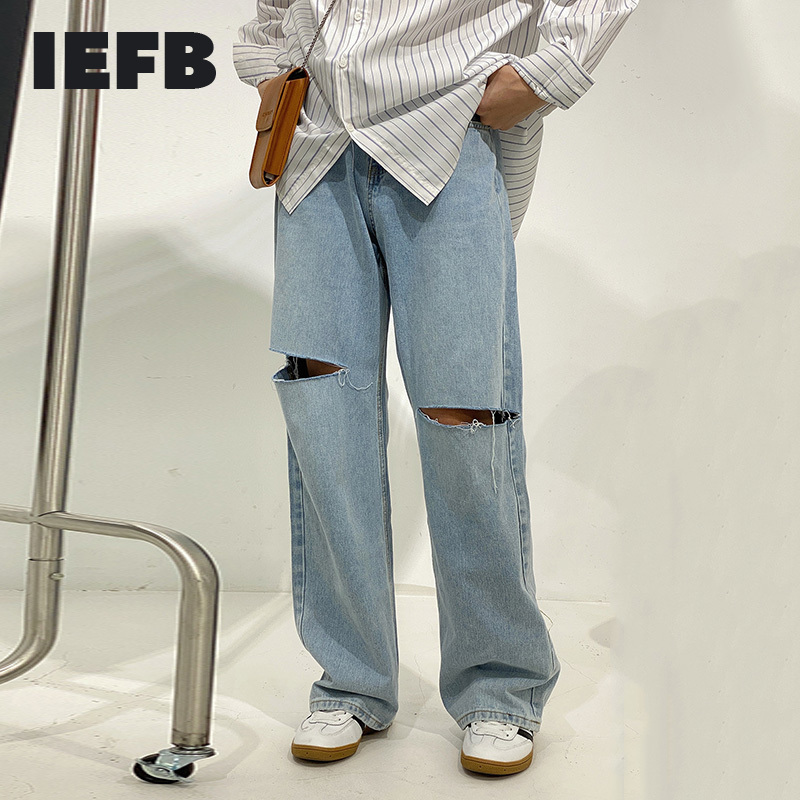 IEFB Men's Denim Trousers Korean Spring Summer Light Blue Jeans With Holes For Male Straight Denim Pants Vintage 9Y6223 210524