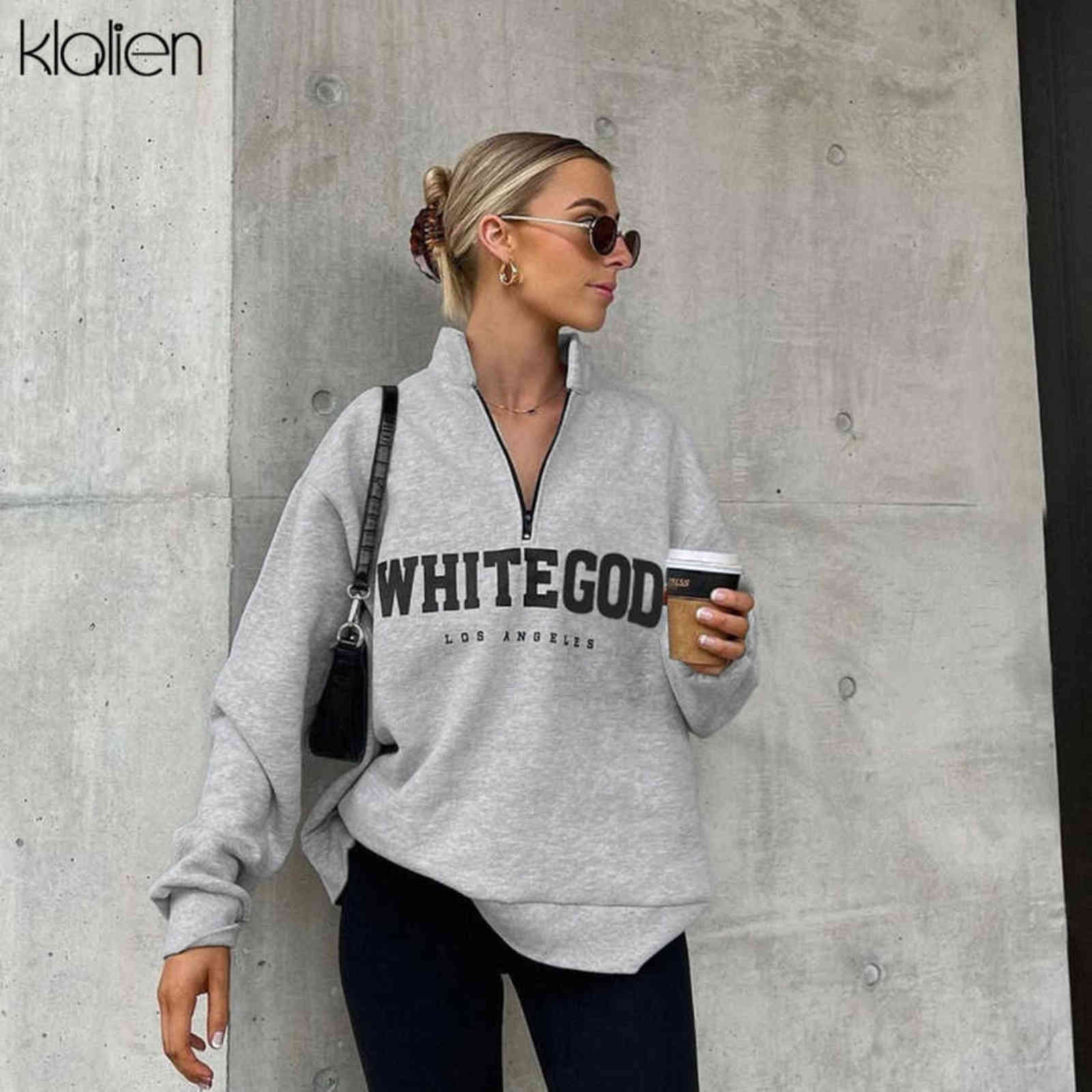 KLALIEN Fashion Casual Street Print Letter Loose Pullover Hoodies For Women Autumn Simple Warm Thicken Sweatshirts Female 211108