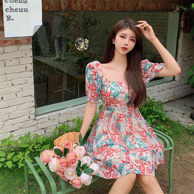 Sweet Flower Pattern Slim Waist Dresses Women Summer Elegant Square Collar Puff Sleeve Vestidos Fashion A-line Mini Dress 210519