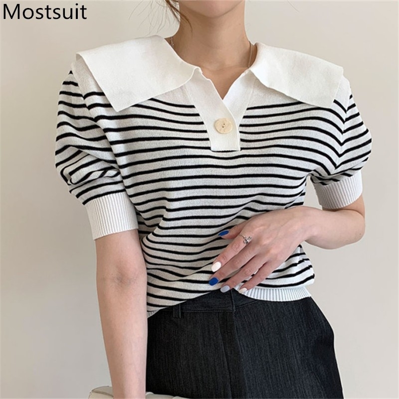Summer Autumn Knitted Striped Korean Women T Shirts Tops Short Sleeve Large Collar One-button Casual Fashion Tees T-shirts 210518, Pink
Summer Autumn Knitted Striped Korean Women T Shirts Tops Short Sleeve Large Collar One-button Casual Fashion Tees T-shirts 210518, Pink