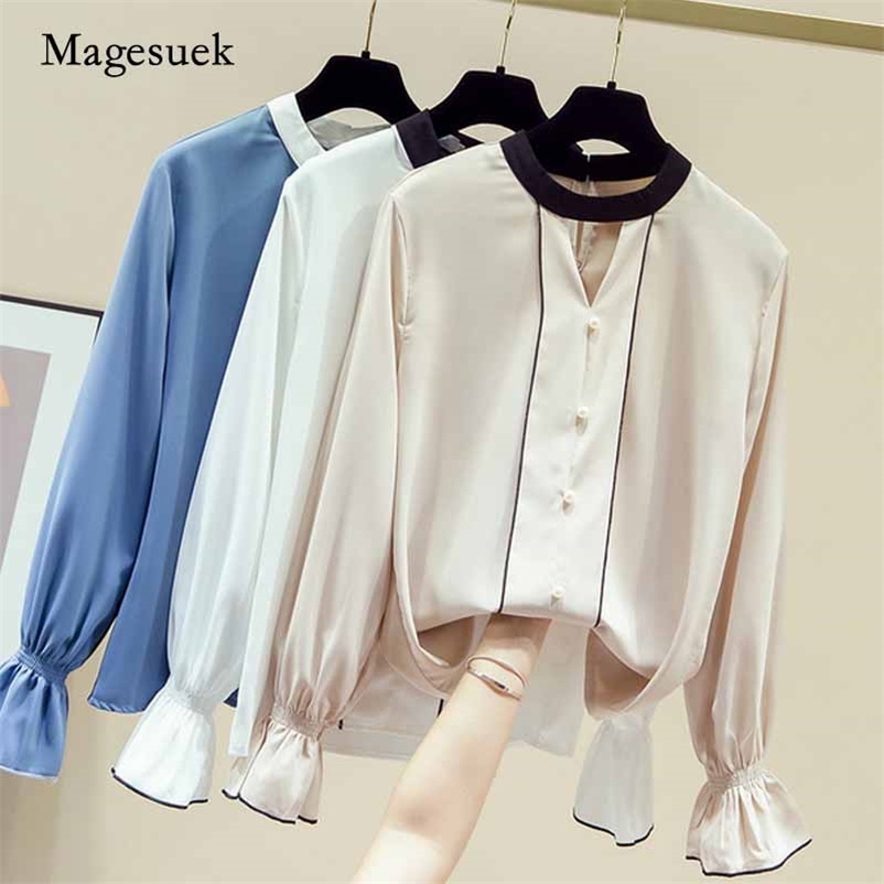 Hollow Blouse Solid Beading Office Lady Korean Vintage Shirt Women Autumn Flare Long Sleeve Tops Chiffon Female 11153 210518, Apricot 
Hollow Blouse Solid Beading Office Lady Korean Vintage Shirt Women Autumn Flare Long Sleeve Tops Chiffon Female 11153 210518, Apricot