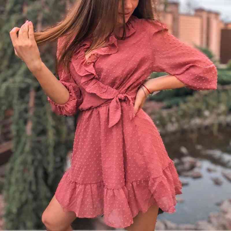 vintage women elegant ruffles midi dress fashion ladies sweet flocking boho es party female cute girls chic 210430