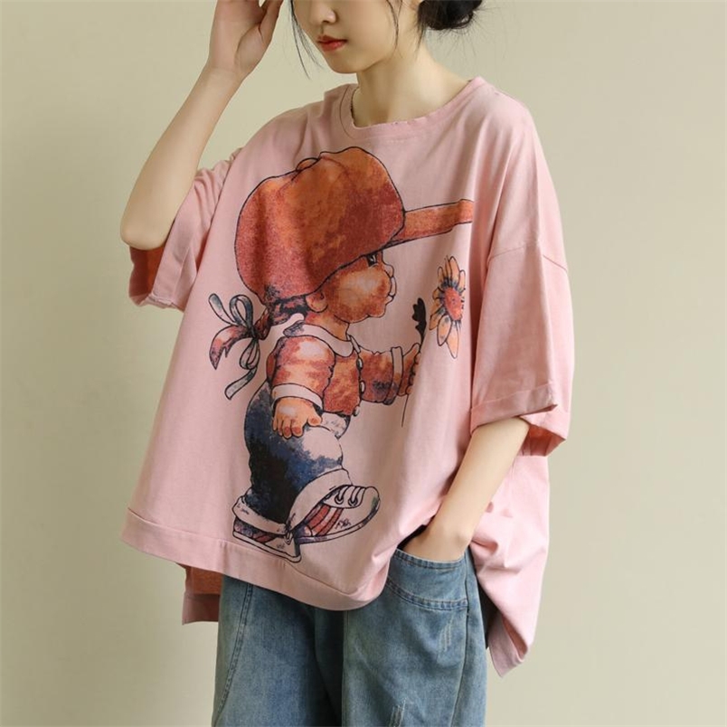 Summer Korea Fashion Women Short Sleeve Loose T-shirt Cartoon Print Casual O-neck Tee Shirt Femme Tops Big Size M16 210512