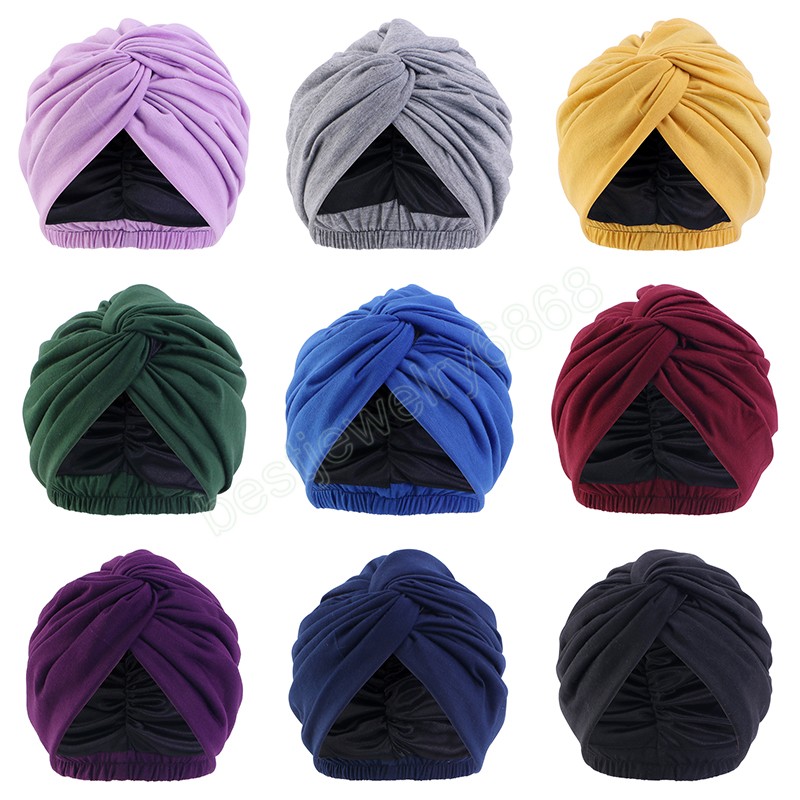 Women Satin Linning Turban Twist Head Wrap Soild Color Hat Headband Turban Muslim Cap Headscarf Inner Hijab India Hats