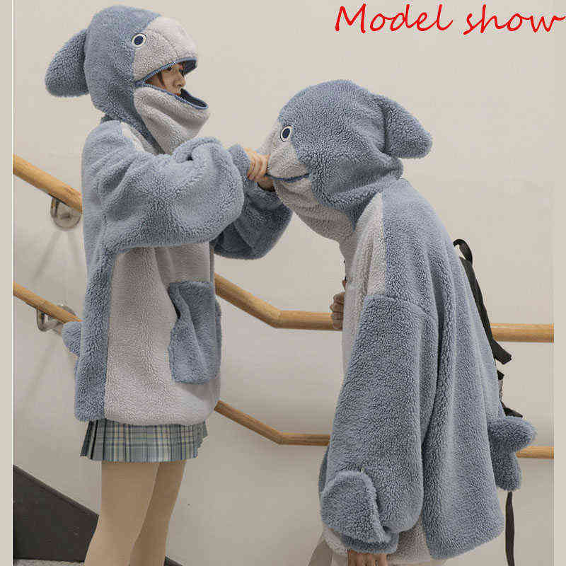 Harajuku Aesthetic Shark Anime Hoodie Woman Korean Kawaii Crewneck Long Sleeve Oversized Streetwear Kpop Fall Winter Clothes Top 211109