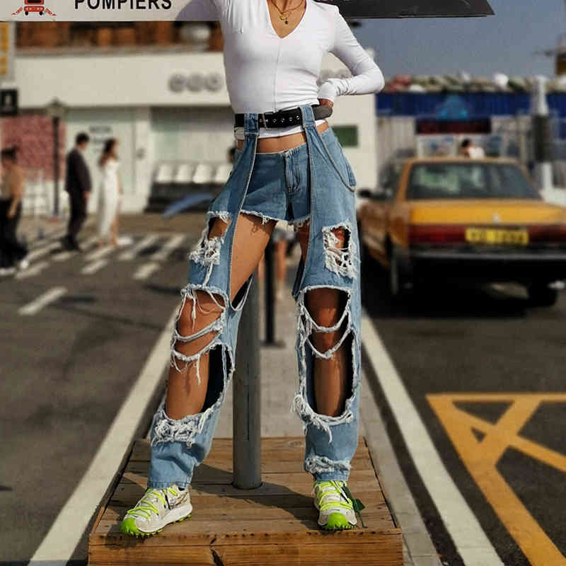 Ripped Hole Irregular Women's Straigth Pants High Waist Asymmetrical Tassel Full Length Pant For Female Fashion 210521