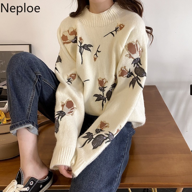 Neploe Heavy Embroidery Rose Pullovers Chic Sweet Knitted Sweaters Women Autumn Winter Clothes Sueter Thicked Warm Pull Femme 210422