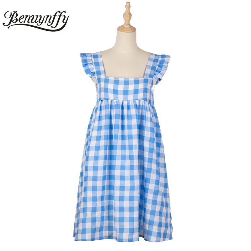Square Collar Ruffle Sleeveless Plaid Mini Dresses Women Backless High Waist Holiday Style Beach Casual Summer Dress 210510