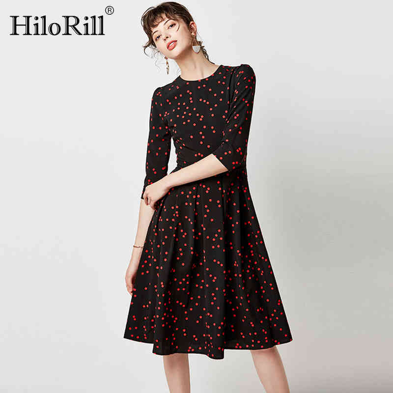 Women Vintage Dot Print Dresses Elegant Three Quarter Sleeve Office Casual O Neck Midi Tunic Pleated 210508