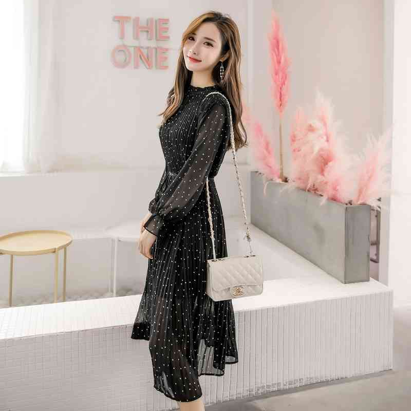 Korean Fashion Women Long Sleeved Polka Dot Pleated Dress Black Vintage ClotheS Spring Lady Chiffon 3670 210518