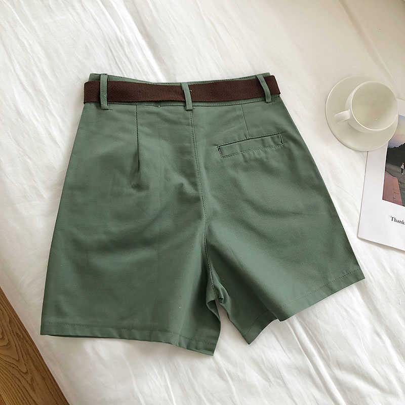 Obrix High Elastic Waist Female Safari Style Wide Leg Casual Korean Fashion Shorts With Canvas Belt For Women 210611