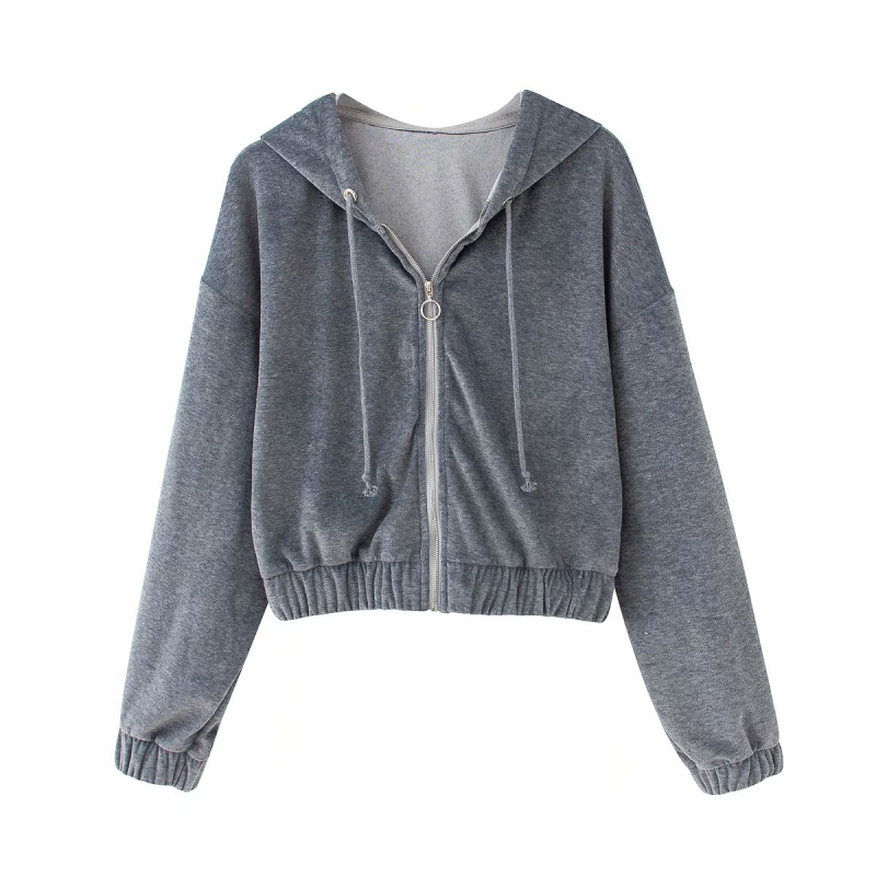 Casual Woman Loose Gray Velvet Hooded Coats Spring Autumn Fashion Ladies Short Sports Jackets Girls Chic Oversized Hoodies 210515
