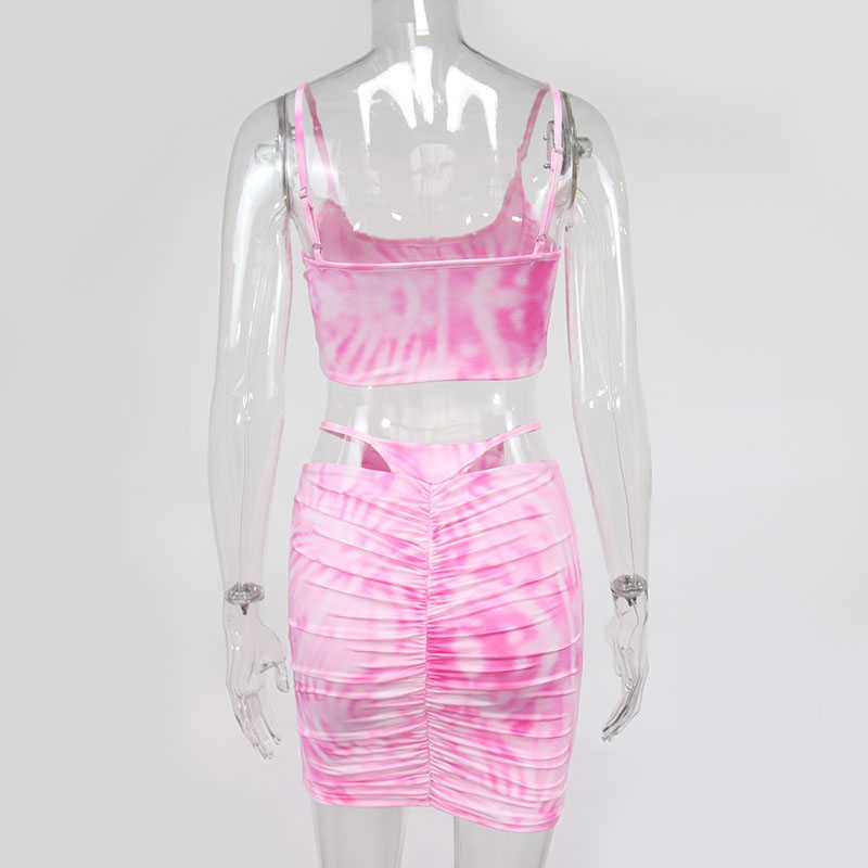 Colysmo Tie Dye Two Piece Set Women Summer Sexy Pink Sleeveless Crop Top Cut Out Short Skirt 2 Casual Outfits 210527