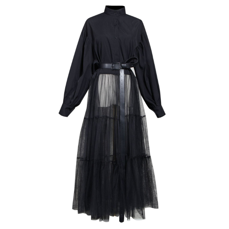 Elegant White Dress For Women Stand Collar Lantern Long Sleeve High Waist Sashes Mesh Spring Dresses Female Fashion 210520