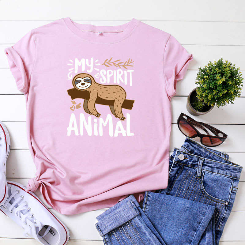 100% Cotton Lazy Sloth Women's T-Shirt Casual Loose O-Neck Short Sleeve Fashion Summer Female Tees Top W881 210526