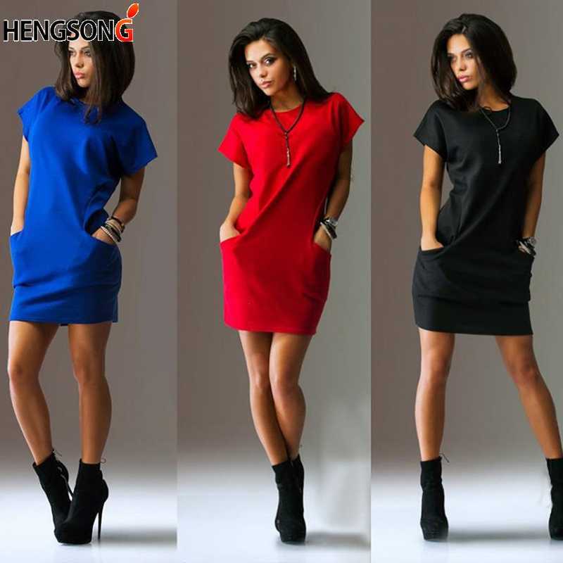Women Pocket Female Dress Summer Tshirt Short Sleeve O Neck Sundress Mini Office Lady Work Feminino Vestidos 210721