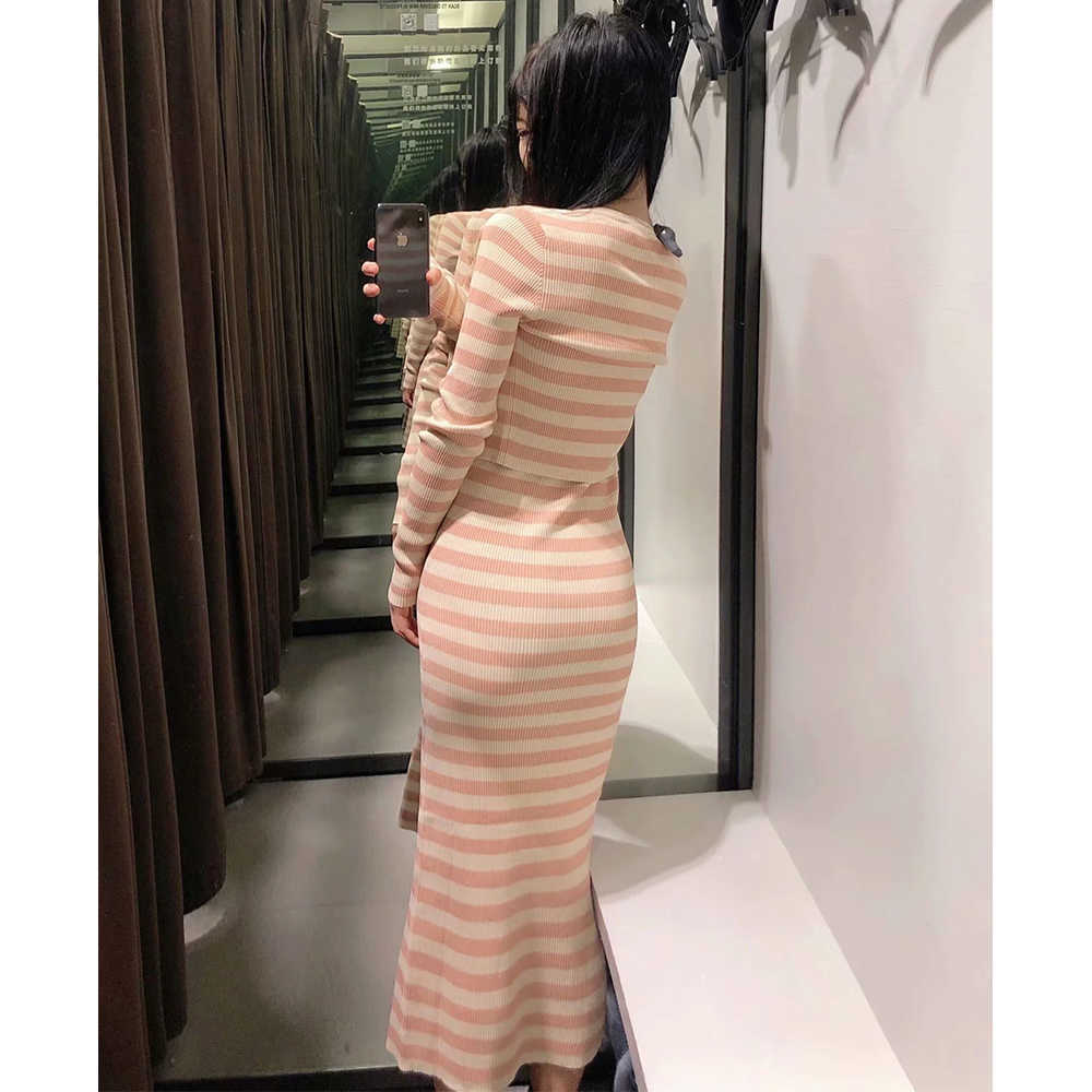 Women Two piece set Striped knitted Cropped cardigan & Sling dress Fashion Casual Cozy Woman 2 piece set Outfits 210709