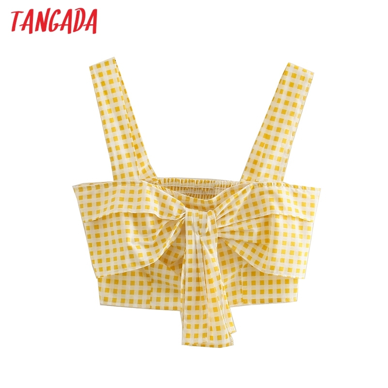 Women Yellow Plaid Bralette Camis Crop Top Strap Sleeveless Backless Short Shirts Female Tops 4N8 210416