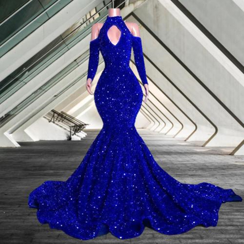 2022 Long Royal Blue Mermaid Prom Dresses Sexy High Neck Sleeve Court Train Formal Evening Party Gowns