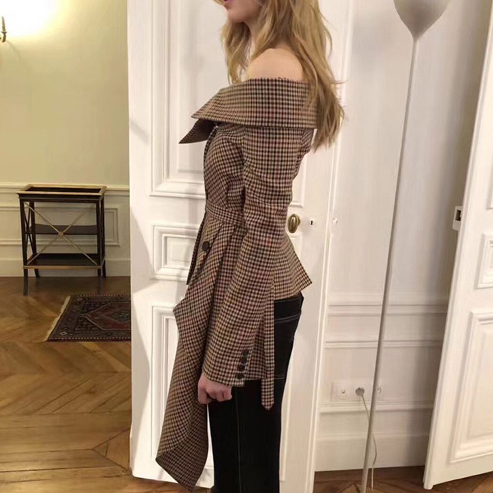 Off Shoulder Plaid Blazer Female Jacket Slash Neck Long Sleeve Irregular Hem Plus Size Women's Coats Autumn Fashion 210428