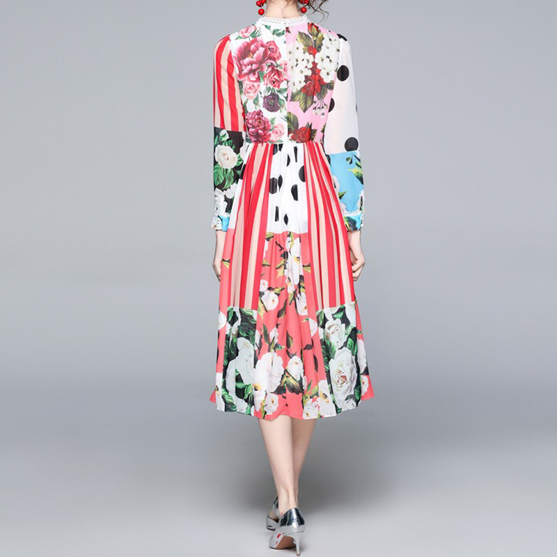 celebrity polka dot flower printed boho summer dress for women patchwork lace ruched A-line holiday midi robe plus size z 210421