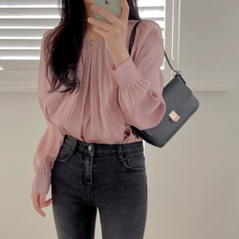 Korea Spring Women Elegant Solid Blouse Ladies Pullover O-Neck Long Sleeve Office OL Casual Shirt Femme 210519