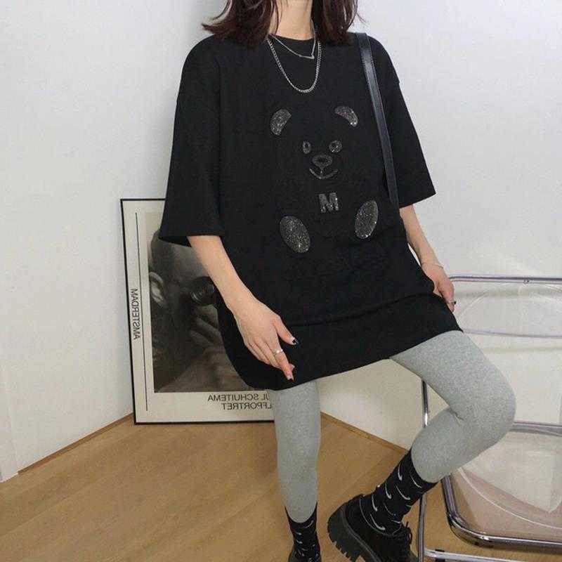 T-shirt Women's Short Sleeve Plus Size Summer Bear Half Top Loose Mid-length Tshirt Diamonds Graphic Tee 210720