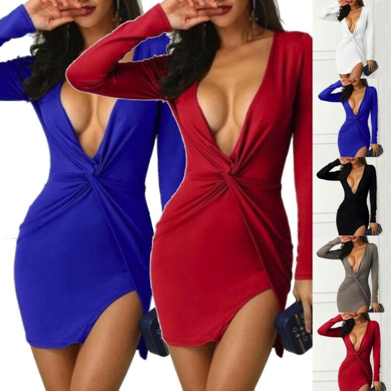 Women Sexy Bandage Bodycon Dress Autumn Long Sleeve Casual Evening Party Short Mini Deep V-neck Side Split Dresses