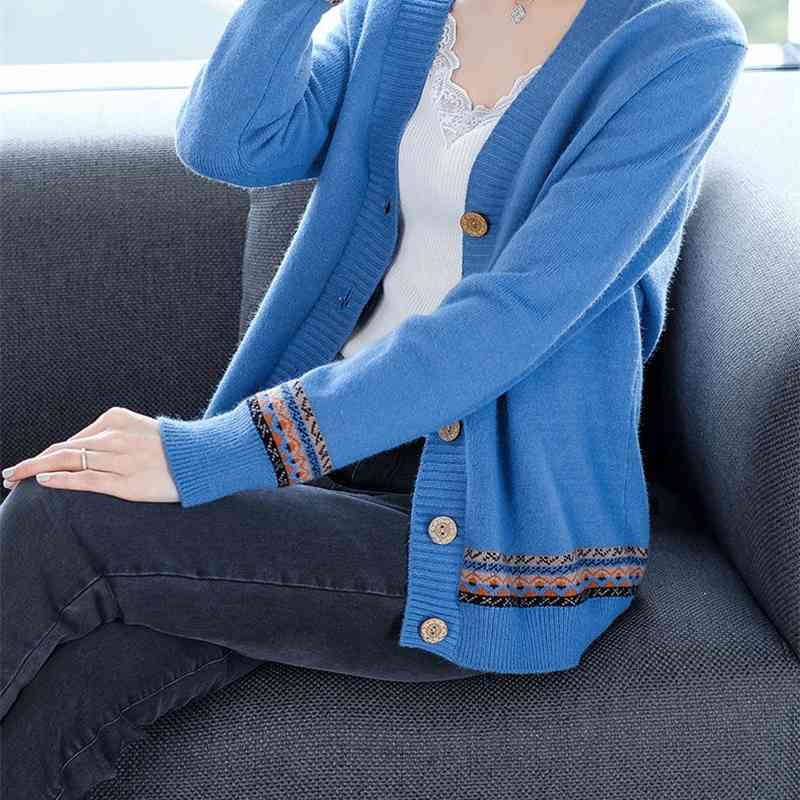 V-neck Striped Knit Stretch Sweater Female Color Matching Long-sleeved National Style Cardigan Single-breasted Women 210427