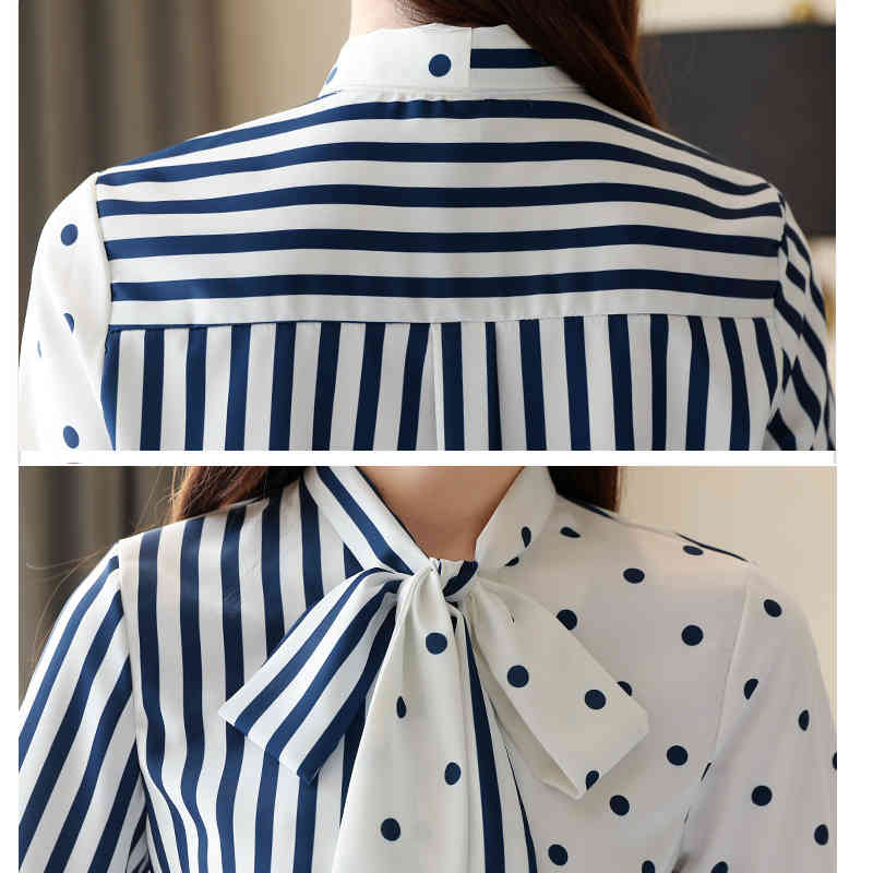 Autumn White Polka Dot Chiffon Women Blouse Casual Long Sleeve Striped Shirt Bow Button Cardigan Ladies Tops 10755 210518