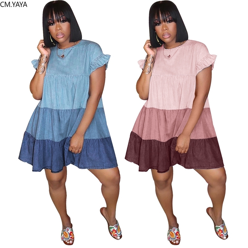 CM.YAYA Women Patchwork O-neck Cascading Ruffles Loose A-line Denim Short Sleeve Mini Dress Classic Streetwear Dresses 210331