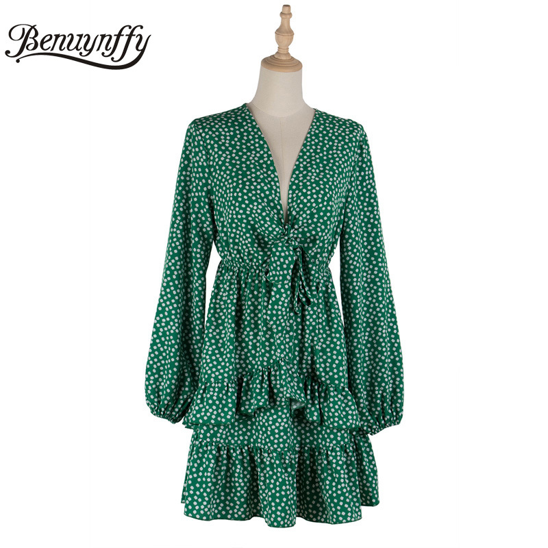 Deep V Neck Bow Layered Ruffle Dresses Women Spring Summer Print Long Sleeve Holiday Casual High Waist Mini Dress 210510