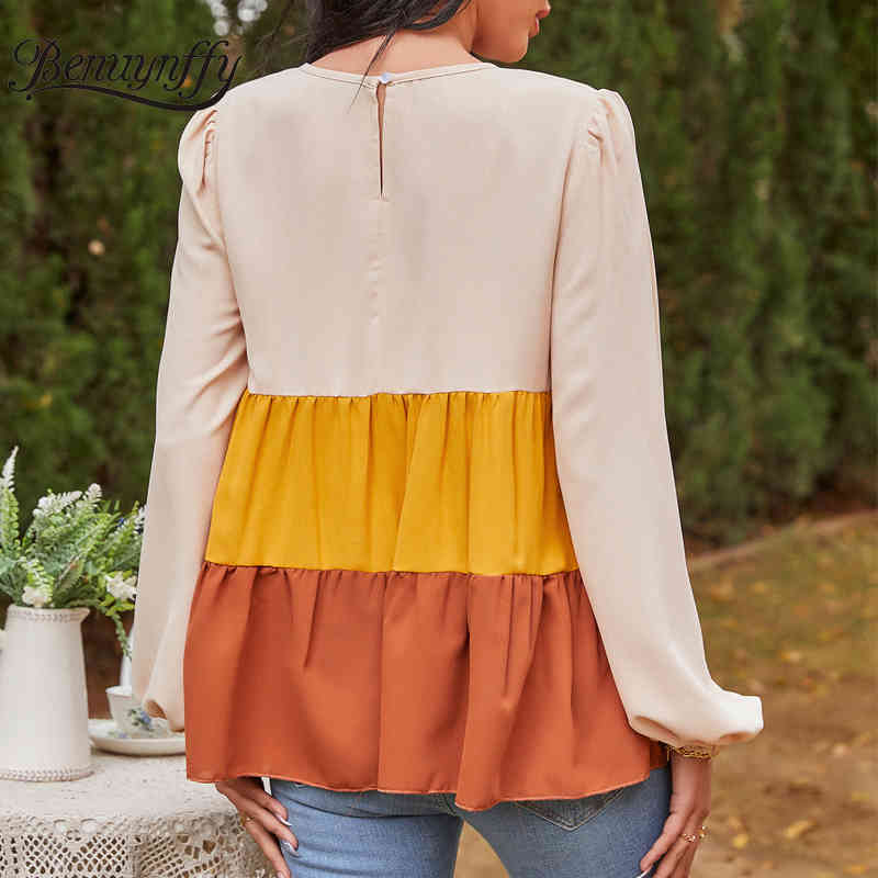 Round Neck Color Block Pleated Women T-Shirts Spring Casual Loose Smock Tees Long Sleeve O-Neck Woman Tshirt Tops 210510