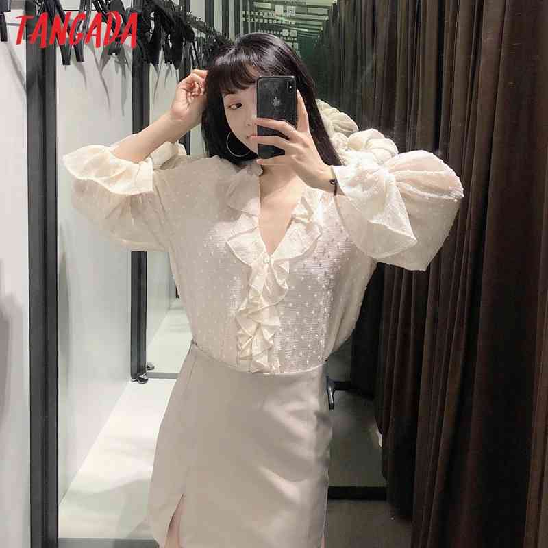 Women French Style Dots Beige Ruffled Chiffon Blouses Vintage Long Sleeve Elastic Cuffs Female Shirts Blusas BE462 210416