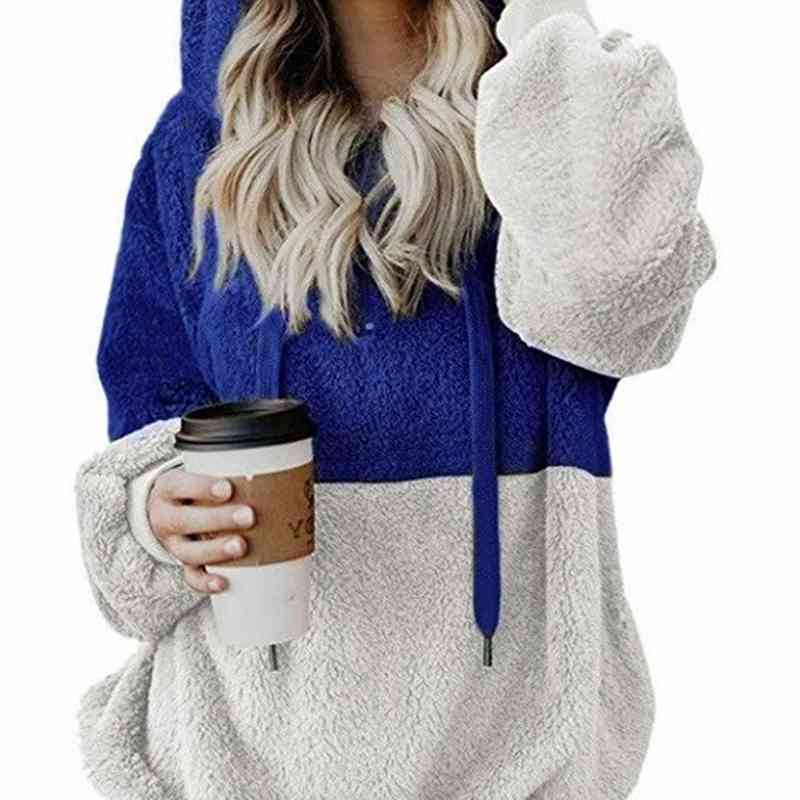 Women Casual Plush Hoodies Zipper Patchwork Hooded Drawstring Sweatshirt Autumn Winter Lady Hooded Warm Loose Tops Plus Size 5XL 210507