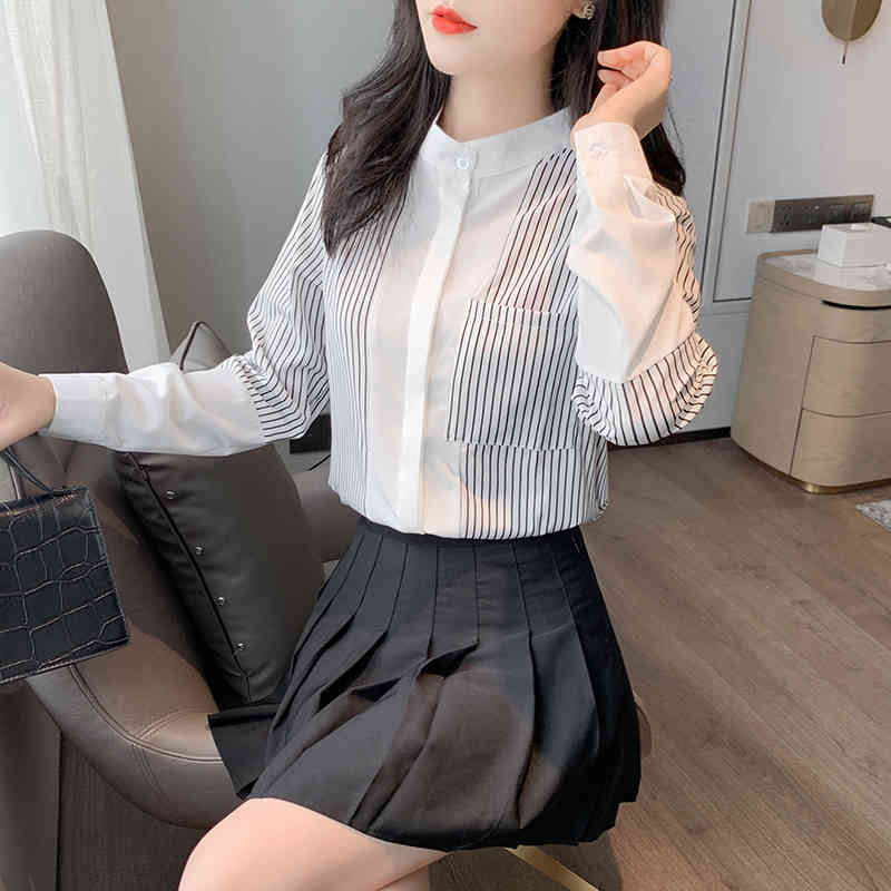Striped White Woman's Shirts Splicing Fashion Women Blouses Female Autumn Long Sleeve Chiffon Blouse Vintage Ropa De Mujer 10902 210518