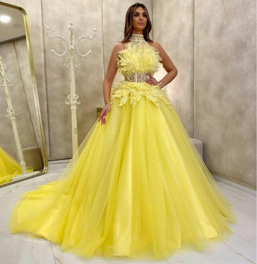 Charming Yellow Evening Dresses A Line Feather Lace High Collar Prom Dress Illusion Zip Back Dubai Party Pageant Gowns Robe de mariée Custom Made