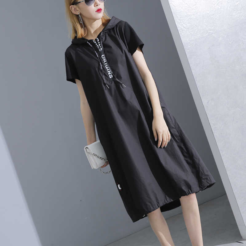 XITAO Hoodie Black Midi Dress Women Short Sleeve Plus Size Elegant Womens Clothing Pullover A Line Party Dress KY428 210630