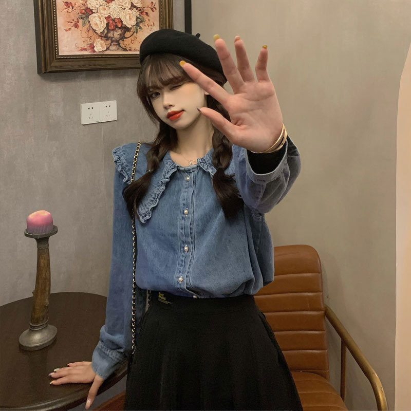 Arrival Spring Autumn Preppy Style Women Long Sleeve Loose Denim Shirts Peter Pan Collar Ruffles Cute Blouse Plus Size V90 210512
