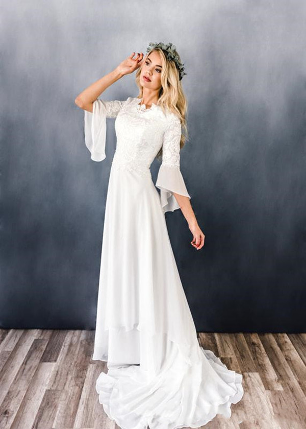 Chiffon Lace Boho Modest Wedding Dresses With Sleeves Lace-Up Back Country Western Informal Bridal Gowns robe de mariée bohème